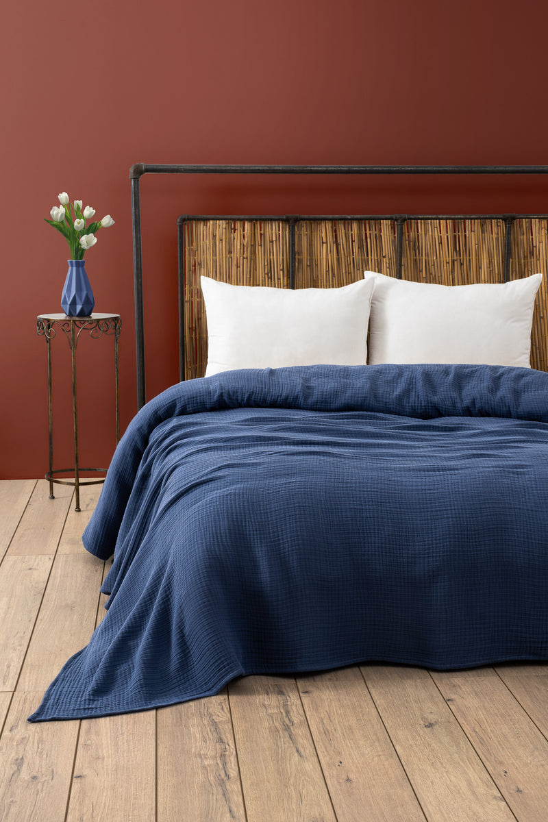 Load image into Gallery viewer, 4 Layers Muslin Double Bedspread Navy Blue 220x250
