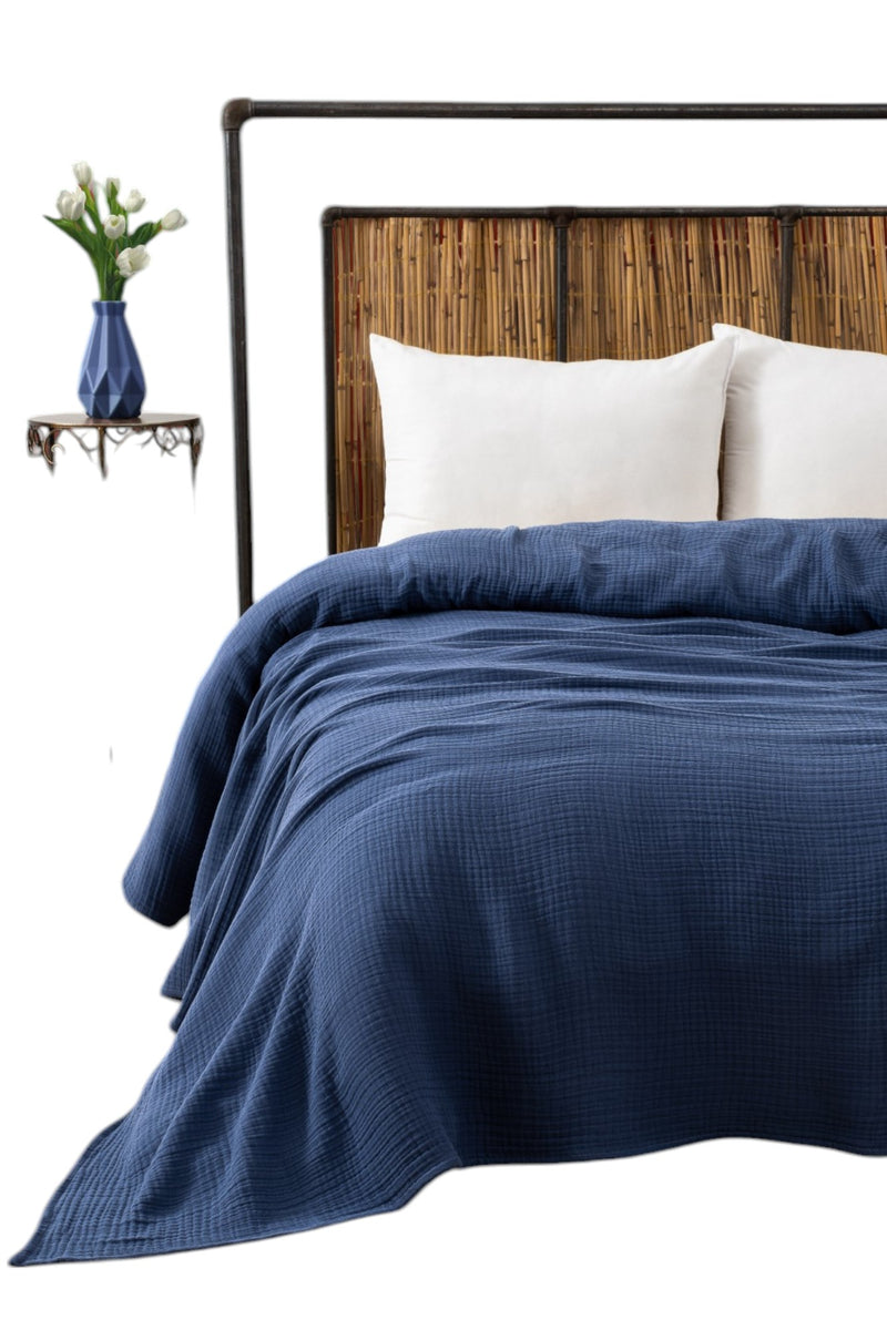 Load image into Gallery viewer, 4 Layers Muslin Double Bedspread Navy Blue 220x250
