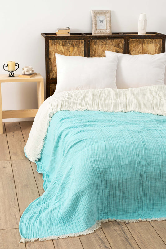 4 Layers Muslin Yarn Dyed Bedspread Turquoise 170x250 cm