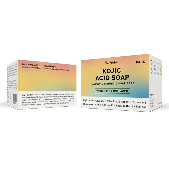 Pure Scentum Natural Kojic Acid Soap Bars - Turmeric, Vitamin C, Retinol & Collagen (3x3.05oz)
