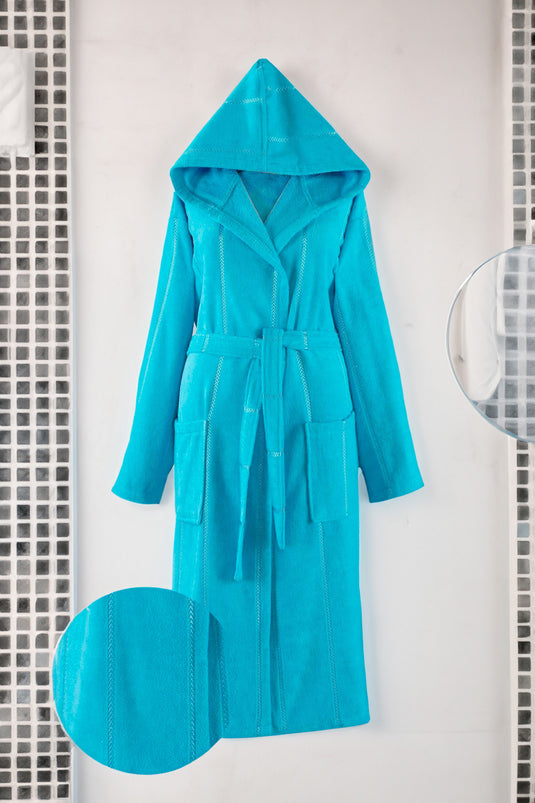 Yg Home Cotton Unisex Hooded Bathrobe - Wawe Turquoise S/M